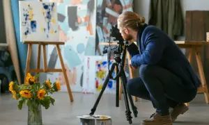 Artysta fotografuje obrazy, zastanawiając się, czy fotografia jest sztuką.