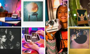 Kolaż zdjęć z aparatem Polaroid, zdjęciami i dyskotekową kulą.