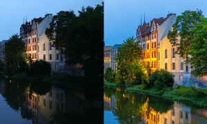 Dwa ujęcia tej samej kamienicy nad rzeką o zmierzchu. Po lewej ciemniej, po prawej budynek rozświetlony ciepłym światłem, co widać też w odbiciu. To świetne zdjecia raw do edycji.