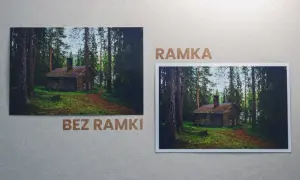 Dwa zdjęcia leśnej chatki: jedno bez ramki, drugie w ramce. Najmniejszy format zdjęć podkreśla urok leśnej scenerii.