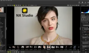 Portret kobiety w programie NX Studio po polsku. Widok folderów, podgląd zdjęcia i panele edycji.