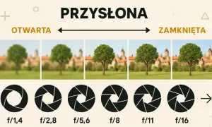 Przysłona a głębia ostrości: od otwartej (rozmyte tło) do zamkniętej (ostre tło).