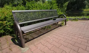 Szeroki kadr ukazuje pustą, metalową ławkę w parku, obok której leży aparat fotograficzny. W tle zielone drzewa i staw.