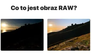Obraz RAW: ciemny krajobraz z zachodzącym słońcem po lewej, jaśniejszy po prawej. Pokazuje, co to znaczy RAW.
