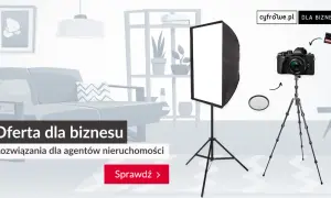 Profesjonalny obiektyw do wnętrz, aparat na statywie i lampa studyjna. Idealne narzędzia dla agentów nieruchomości.