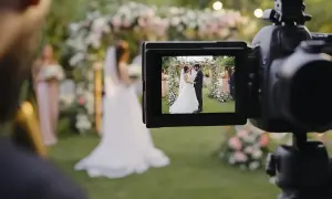 Kamera rejestruje ślubne plany filmowe. W kadrze widać parę młodą, świadków i dekoracje.