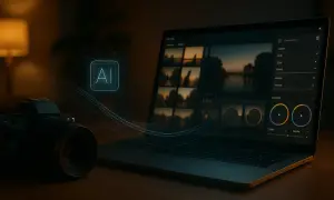 Jaki komputer do obróbki zdjęć? Laptop z programem graficznym, aparat i ikona AI sugerują nowoczesne narzędzia do edycji.