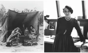 Dwie fotografie Dorothea Lange: z lewej rodzina pod namiotem, z prawej ona sama w eleganckiej sukni i beretce.