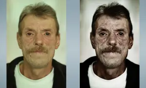 Portret mężczyzny z widocznym efektem Dragan w fotografii, podkreślającym rysy twarzy i dodającym dramatyzmu.