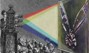 Widownia z zaciekawieniem ogląda projekcję, która dzięki trzem strumieniom światła (czerwony, zielony, niebieski) tworzy barwny obraz. To przełomowa, pierwsza kolorowa fotografia.