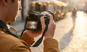 Mężczyzna z aparatem DSLR, który właśnie robi zdjęcie ulicy w złotym świetle.