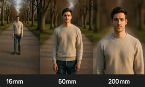 Porównanie ogniskowej obiektywu: mężczyzna na tle alei drzew przy 16mm, 50mm i 200mm.