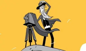 Eadweard Muybridge, z brodą i kapeluszem, z aparatem na statywie, uchwycił ruch.