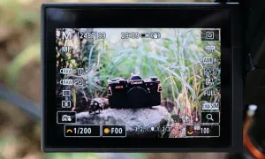 Wyświetlacz aparatu z widokiem na czarny Canon AE-1. Ustawienia aparatu, w tym matryca 1 cal, wskazują na gotowość do fotografowania.