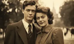 Ożywienie zdjęcia: para z lat 40. XX wieku, elegancko ubrana, pozuje do portretu na tle parku.