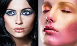 Dwie twarze w artystycznym makijażu. Jedna z intensywnym niebieskim okiem, druga z różowo-złotym blaskiem. Fotografia beauty.