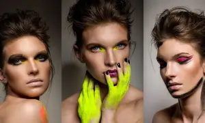 Kreatywne zdjecia beauty: trzy portrety kobiet z odważnym makijażem i neonowymi akcentami.