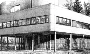 Szkic nowoczesnego domu na palach, z długimi pasami okien i cylindryczną wieżą. Wyraźna **linearna perspektywa** podkreśla jego geometryczną formę.