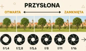 Przysłona fotograficzna zmienia głębię ostrości. Od otwartej (f/1,4) do zamkniętej (f/16), z drzewem i zamkiem w tle.