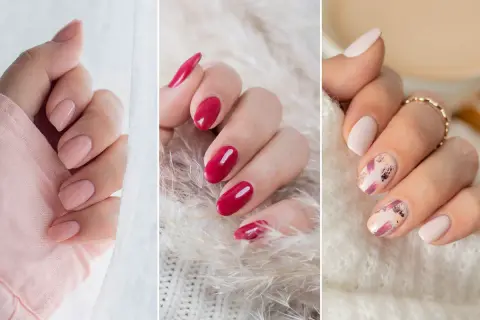 Inspiracje na to, jak zrobic ladne zdjecia paznokci: delikatne róże, intensywna czerwień i subtelny manicure z akcentami złota.