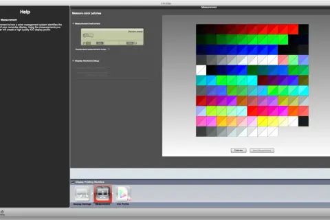 Ekran z kolorowymi łatkami i opcjami do kalibracji monitora. Program i1Profiler pomaga jak skalibrować monitor.