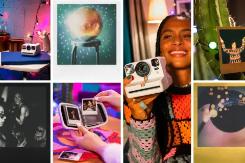Kolaż zdjęć z aparatem Polaroid, zdjęciami i dyskotekową kulą.