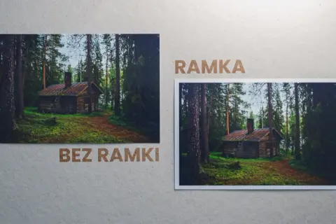 Dwa zdjęcia leśnej chatki: jedno bez ramki, drugie w ramce. Najmniejszy format zdjęć podkreśla urok leśnej scenerii.