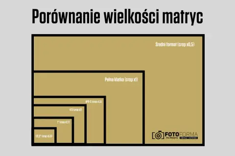 Porównanie wielkości matryc aparatów: od średniego formatu po 1/2,3". Każda matryca ma inny crop.