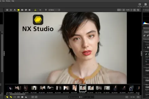 Portret kobiety w programie NX Studio po polsku. Widok folderów, podgląd zdjęcia i panele edycji.