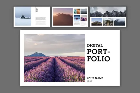 Projekt w folio: pole lawendy, góry, dom w śniegu. Digital Portfolio.