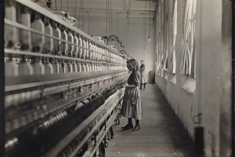 Dziewczynka pracuje przy maszynie w fabryce, jak na zdjęciach Lewis Hine. W tle widać inną pracownicę.