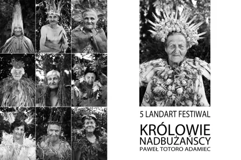 Portrety uczestników festiwalu Królowie Nadbużańscy, autorstwa Pawła Adamca. Ludzie w strojach z naturalnych materiałów.