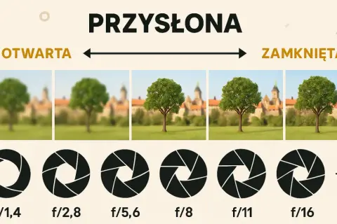 Przysłona a głębia ostrości: od otwartej (rozmyte tło) do zamkniętej (ostre tło).