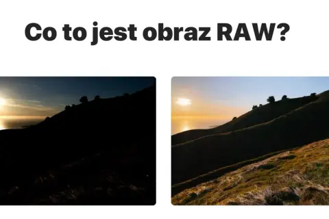 Obraz RAW: ciemny krajobraz z zachodzącym słońcem po lewej, jaśniejszy po prawej. Pokazuje, co to znaczy RAW.