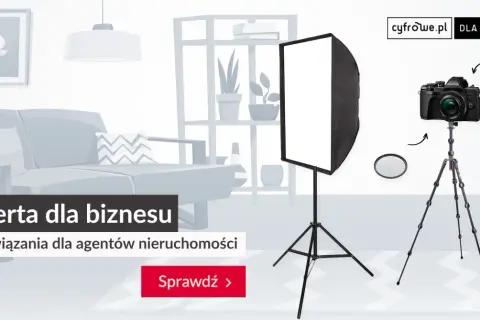 Profesjonalny obiektyw do wnętrz, aparat na statywie i lampa studyjna. Idealne narzędzia dla agentów nieruchomości.