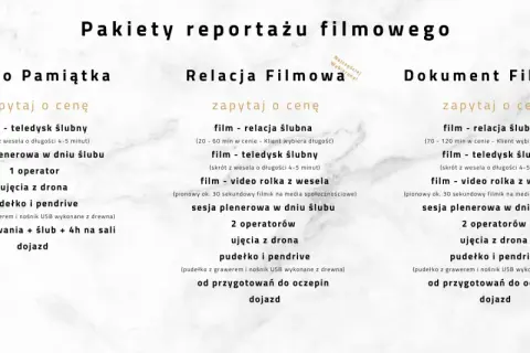 Pakiety reportażu filmowego: Video Pamiątka, Relacja Filmowa, Dokument Filmowy. Sprawdź cennik fotografa i wybierz idealny pakiet na swoje wesele.