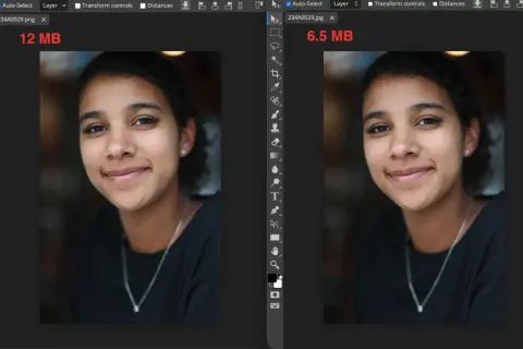 Portret wielokrotny młodej kobiety z uśmiechem, porównanie dwóch wersji zdjęcia: 12 MB i 6.5 MB.