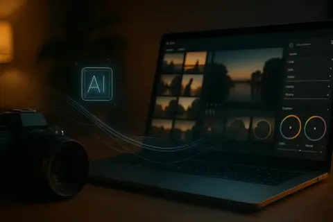 Jaki komputer do obróbki zdjęć? Laptop z programem graficznym, aparat i ikona AI sugerują nowoczesne narzędzia do edycji.