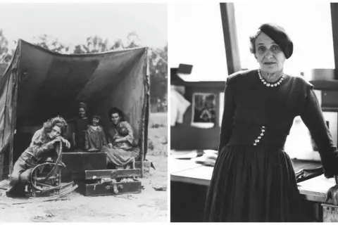 Dwie fotografie Dorothea Lange: z lewej rodzina pod namiotem, z prawej ona sama w eleganckiej sukni i beretce.