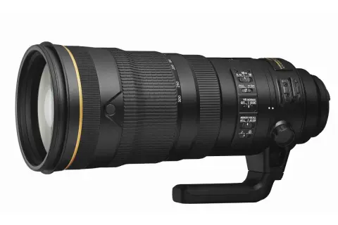 Profesjonalny obiektyw af-s z uchwytem, z oznaczeniami ogniskowych 200-300 mm i przełącznikami trybów.
