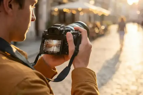 Mężczyzna z aparatem DSLR, który właśnie robi zdjęcie ulicy w złotym świetle.