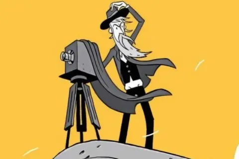 Eadweard Muybridge, z brodą i kapeluszem, z aparatem na statywie, uchwycił ruch.