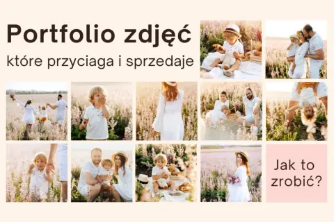 Portfolio zdjęć rodzinnych w plenerze. Uśmiechnięte dzieci i rodzice w białych strojach na tle kwitnącej łąki.