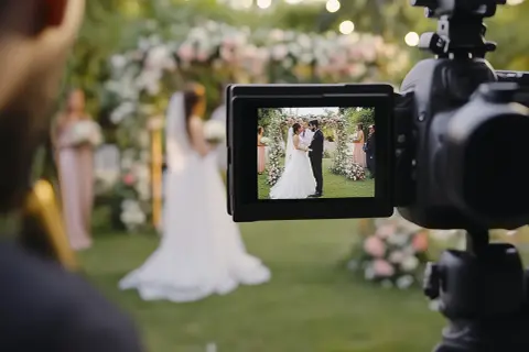 Kamera rejestruje ślubną ceremonię. Na ekranie widać parę młodą, a w tle kwiecisty łuk. To piękne plany w fotografii.