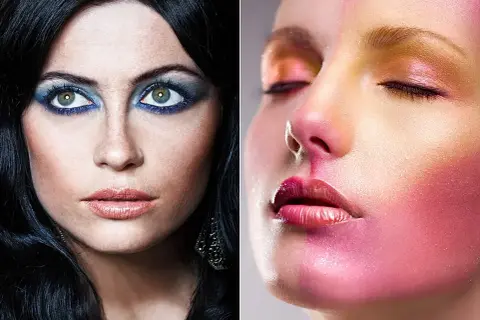Dwie twarze w artystycznym makijażu. Jedna z intensywnym niebieskim okiem, druga z różowo-złotym blaskiem. Fotografia beauty.