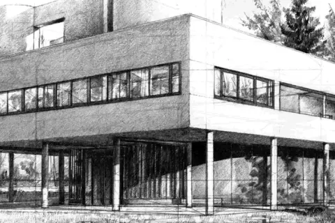 Szkic nowoczesnego domu na palach, z długimi pasami okien i cylindryczną wieżą. Wyraźna **linearna perspektywa** podkreśla jego geometryczną formę.