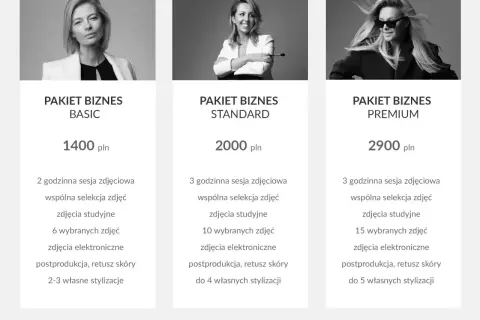 Ile kosztuje sesja zdjęciowa? Pakiety Basic (1400 zł), Standard (2000 zł) i Premium (2900 zł) oferują różne opcje sesji biznesowych.