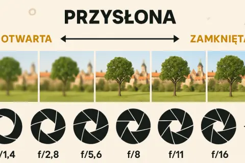 Przysłona fotograficzna zmienia głębię ostrości. Od otwartej (f/1,4) do zamkniętej (f/16), z drzewem i zamkiem w tle.