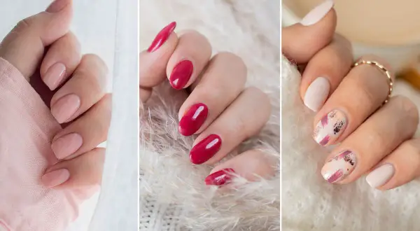 Inspiracje na to, jak zrobic ladne zdjecia paznokci: delikatne róże, intensywna czerwień i subtelny manicure z akcentami złota.