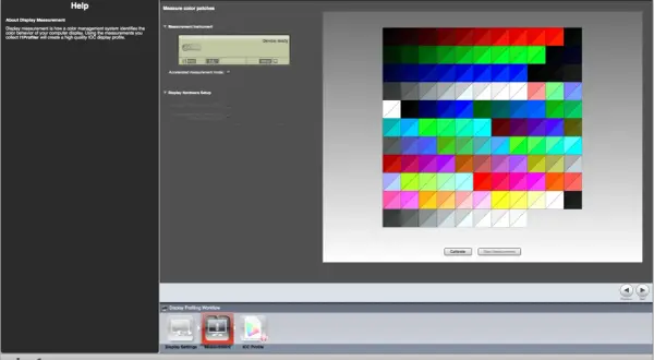 Ekran z kolorowymi łatkami i opcjami do kalibracji monitora. Program i1Profiler pomaga jak skalibrować monitor.